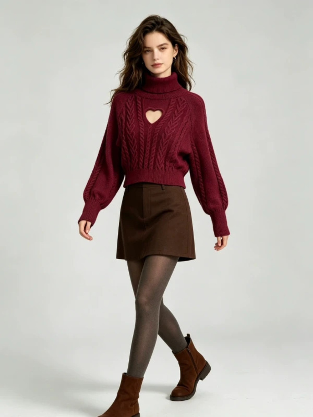 ZARA Womens Fall Winter Thick Knit Cropped Turtleneck Sweater Heart